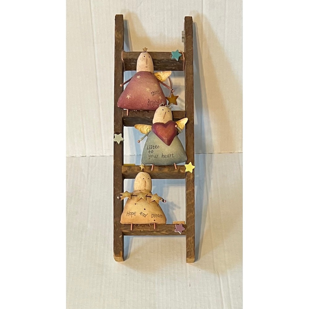 Primitive Country Folk Art Shelf Sitter 3 Angels on Wooden Ladder Cottagecore